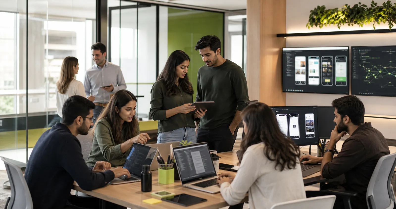 Illustrative AI-generated scene of a diverse software team collaborating in a modern studio